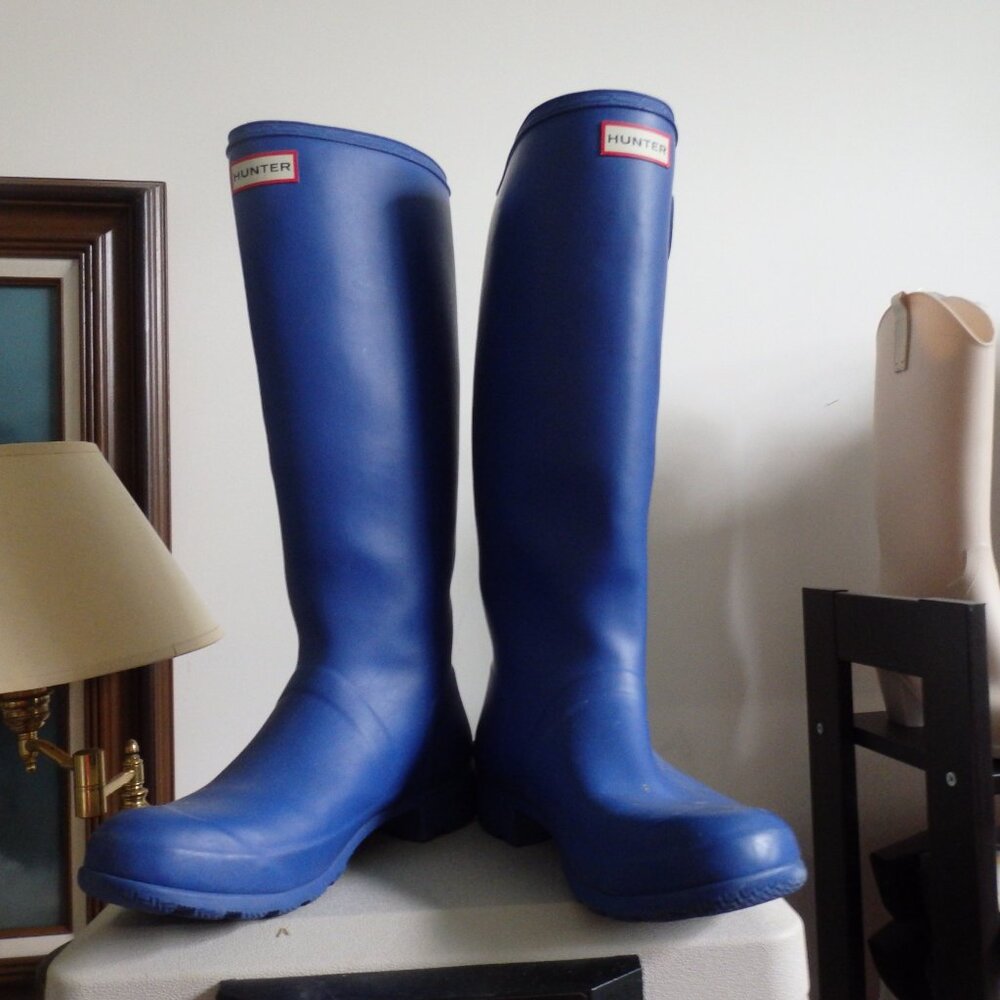 Tall original HUNTER PACKABLE rubber rain boots wellies Blue size 10 Excellent - Picture 2 of 5
